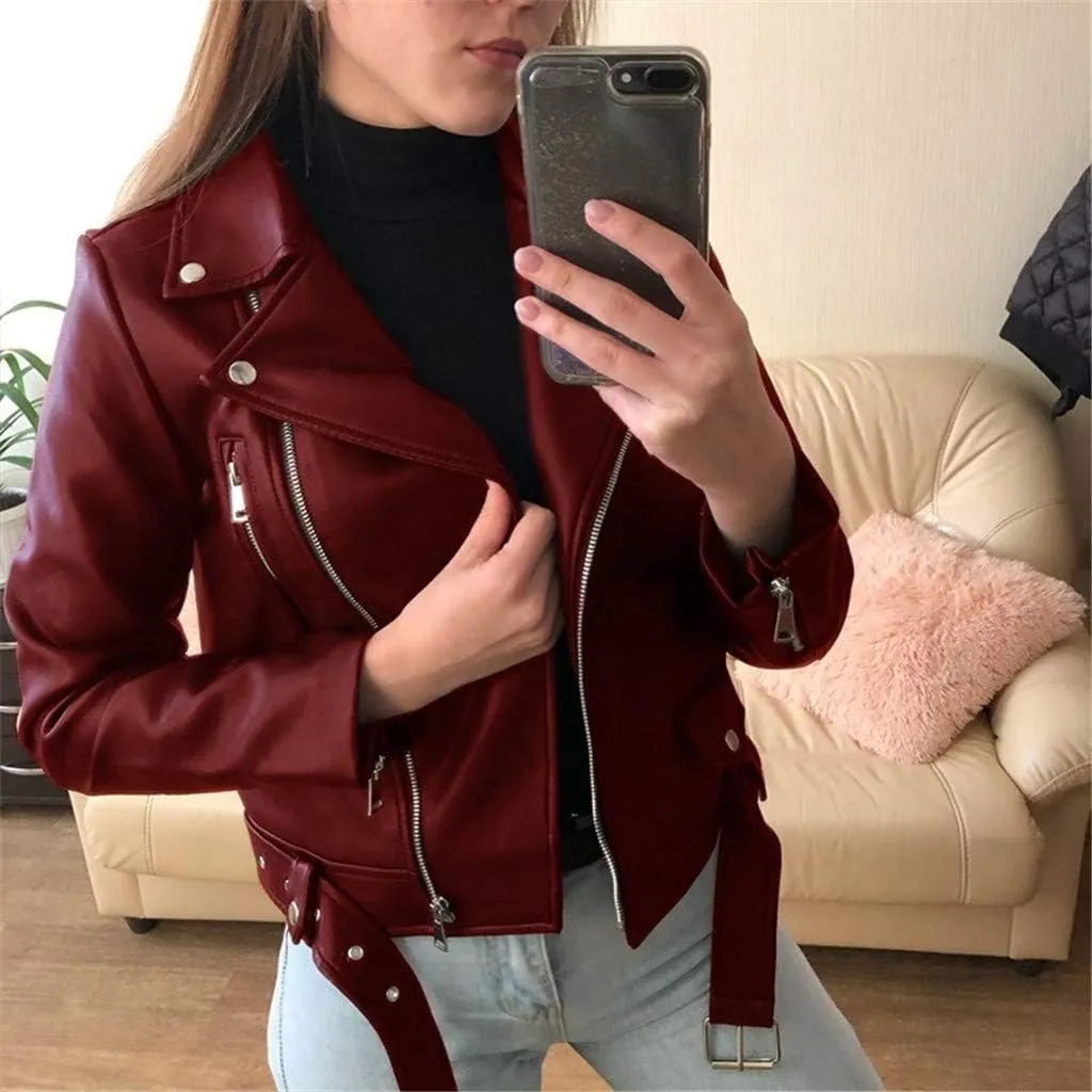 2024 Fall Women's Faux Leather Biker Motorcycle Jackets Plus Size Long Sleeve Zipper Slim Fit Short Casual Coat Outwear