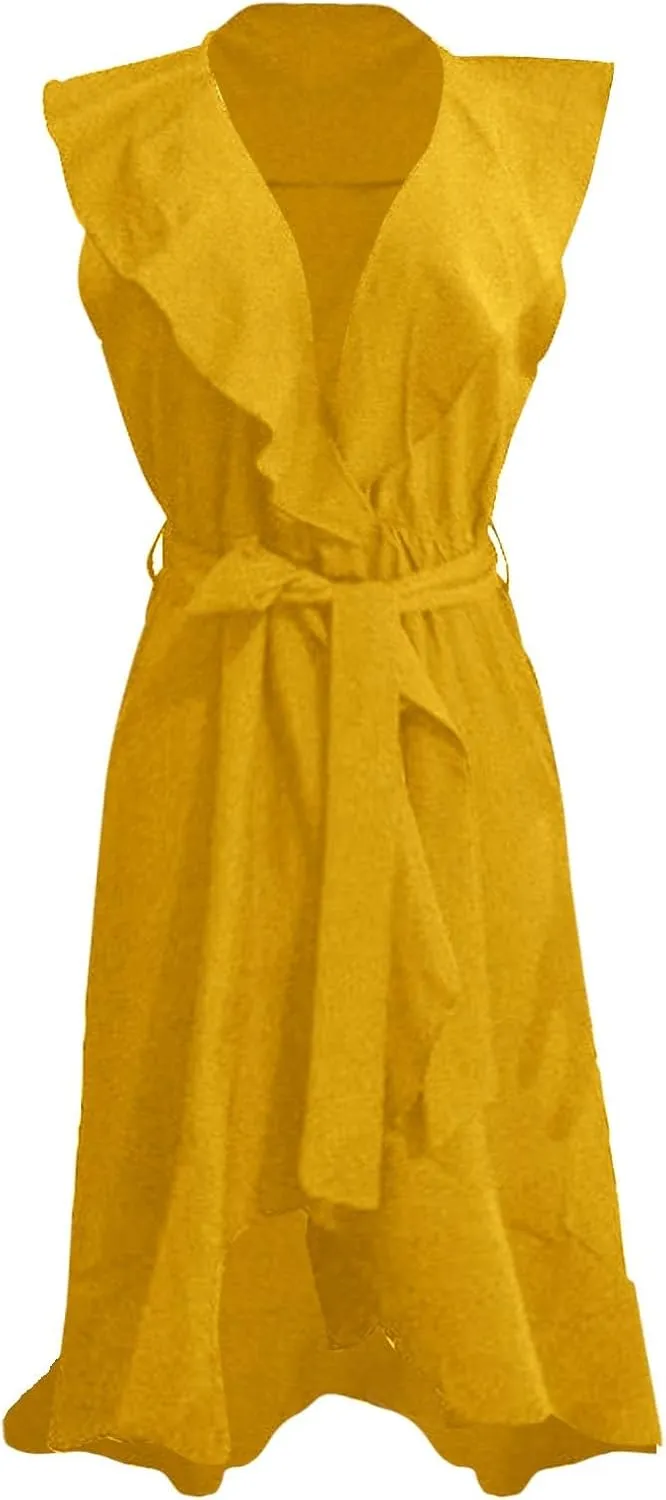 2025 Summer Dresses Women Wrap Midi Dress Casual Boho Deep Vneck Short Sleeve Ruffle Hem Split Beach Flowy Long Skirt