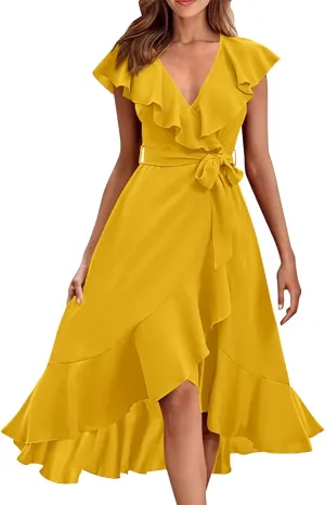 2025 Summer Dresses Women Wrap Midi Dress Casual Boho Deep Vneck Short Sleeve Ruffle Hem Split Beach Flowy Long Skirt
