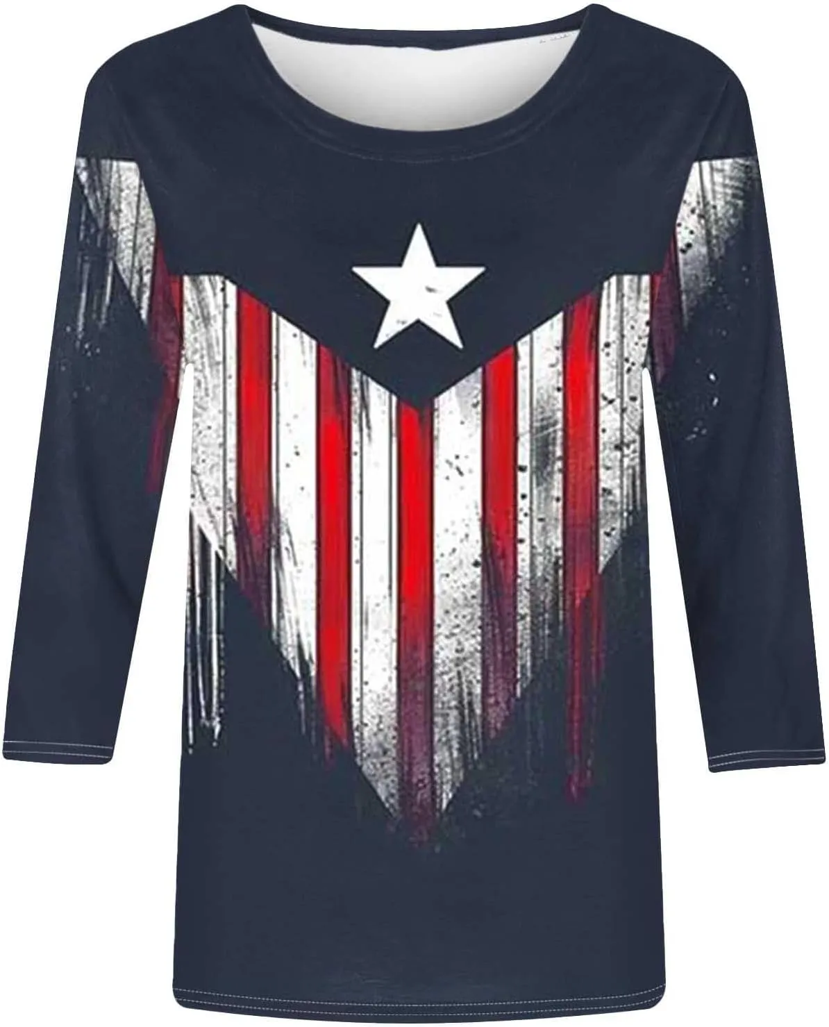 4th of July Tops for Women Stars Stripes Printed Shirts 3/4 Sleeve Crew Neck Pullover 2025 Trendy Clothes