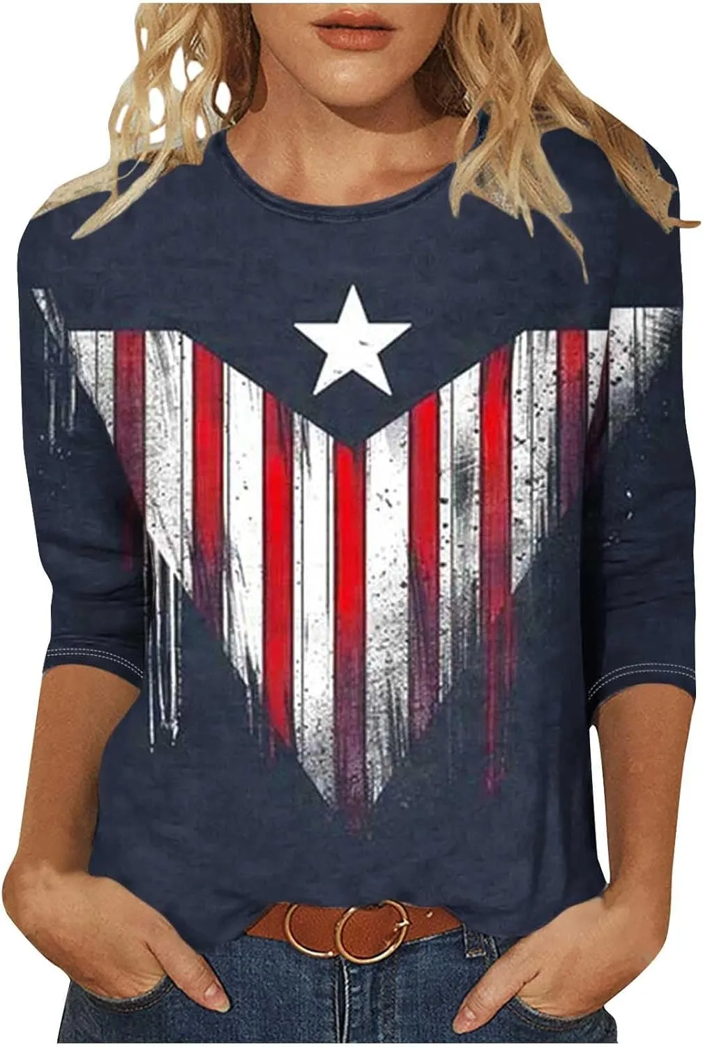 4th of July Tops for Women Stars Stripes Printed Shirts 3/4 Sleeve Crew Neck Pullover 2025 Trendy Clothes