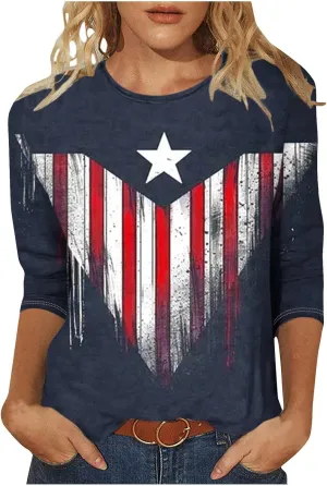 4th of July Tops for Women Stars Stripes Printed Shirts 3/4 Sleeve Crew Neck Pullover 2025 Trendy Clothes