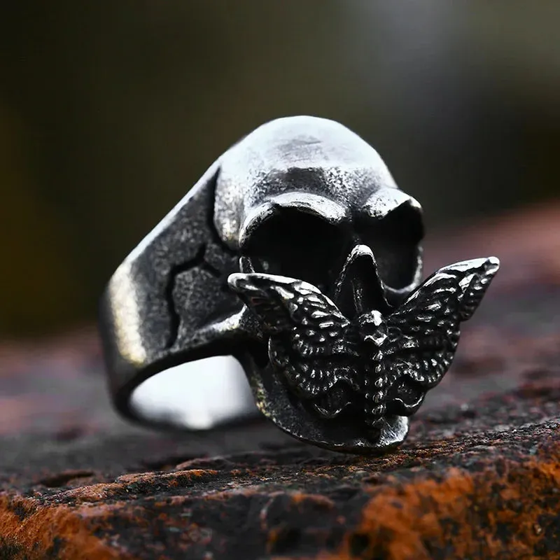 Anillos de calavera con doble cuchillo, brújula vikinga de acero inoxidable