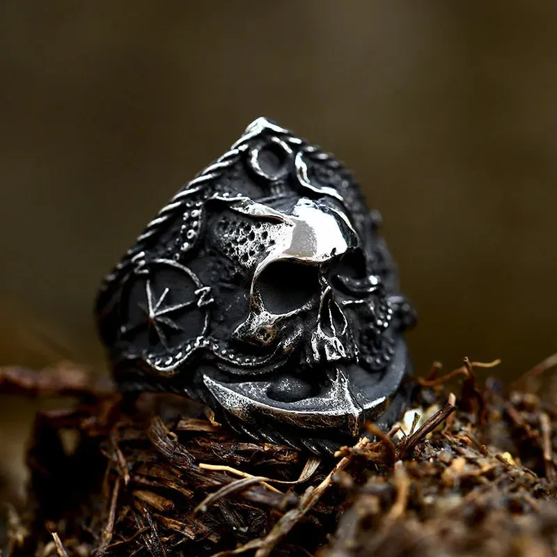 Anillos de calavera con doble cuchillo, brújula vikinga de acero inoxidable