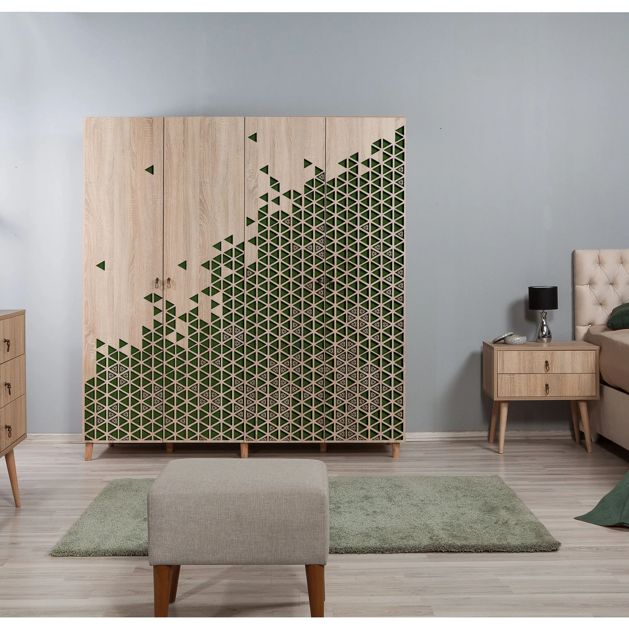 Armadio per camera 4 ante in legno quercia decorato colore verde cm 180x52x192h