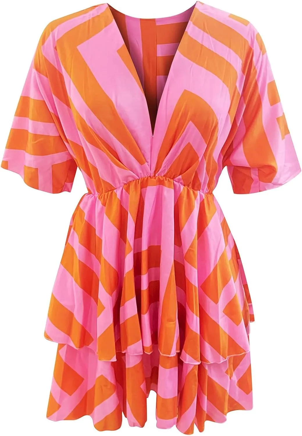 BAXLIMEK Beach Dresses for Women,2025 Elegant Deep V Neck Batwing Sleeve Mini Dress Flowy Ruched Tiered Print Vacation Dress