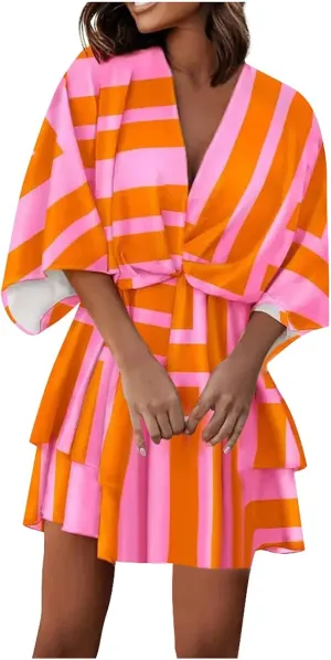 BAXLIMEK Beach Dresses for Women,2025 Elegant Deep V Neck Batwing Sleeve Mini Dress Flowy Ruched Tiered Print Vacation Dress