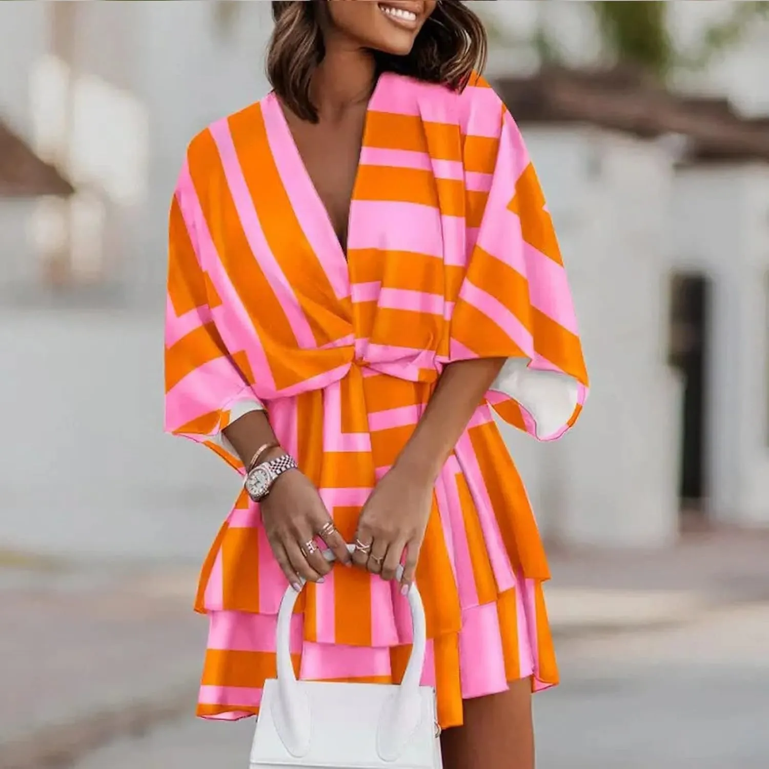 BAXLIMEK Beach Dresses for Women,2025 Elegant Deep V Neck Batwing Sleeve Mini Dress Flowy Ruched Tiered Print Vacation Dress