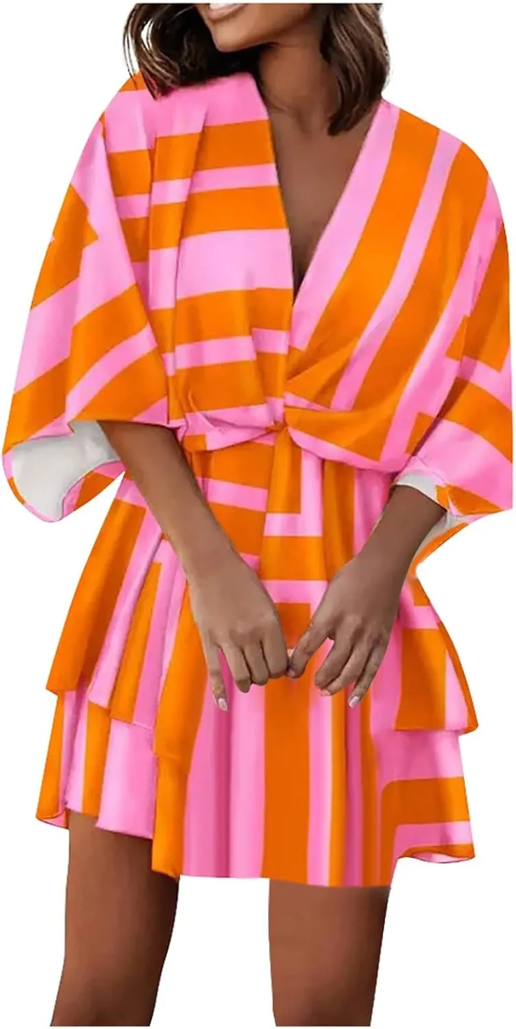 BAXLIMEK Beach Dresses for Women,2025 Elegant Deep V Neck Batwing Sleeve Mini Dress Flowy Ruched Tiered Print Vacation Dress