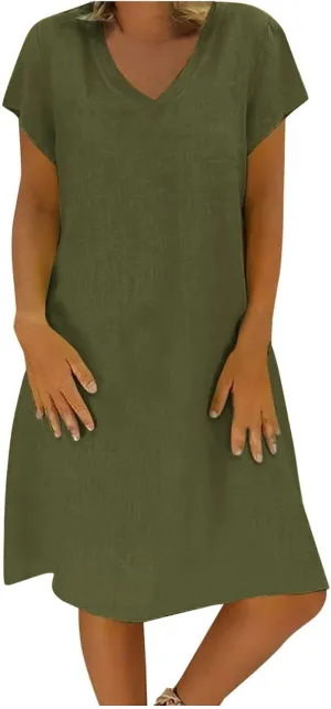 BAXLIMEK Cotton Linen Dresses for Women 2025,Summer Casual Loose V Neck Short Sleeve Midi Dress Comfy Beach Vacation Dress