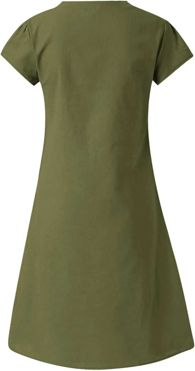 BAXLIMEK Cotton Linen Dresses for Women 2025,Summer Casual Loose V Neck Short Sleeve Midi Dress Comfy Beach Vacation Dress