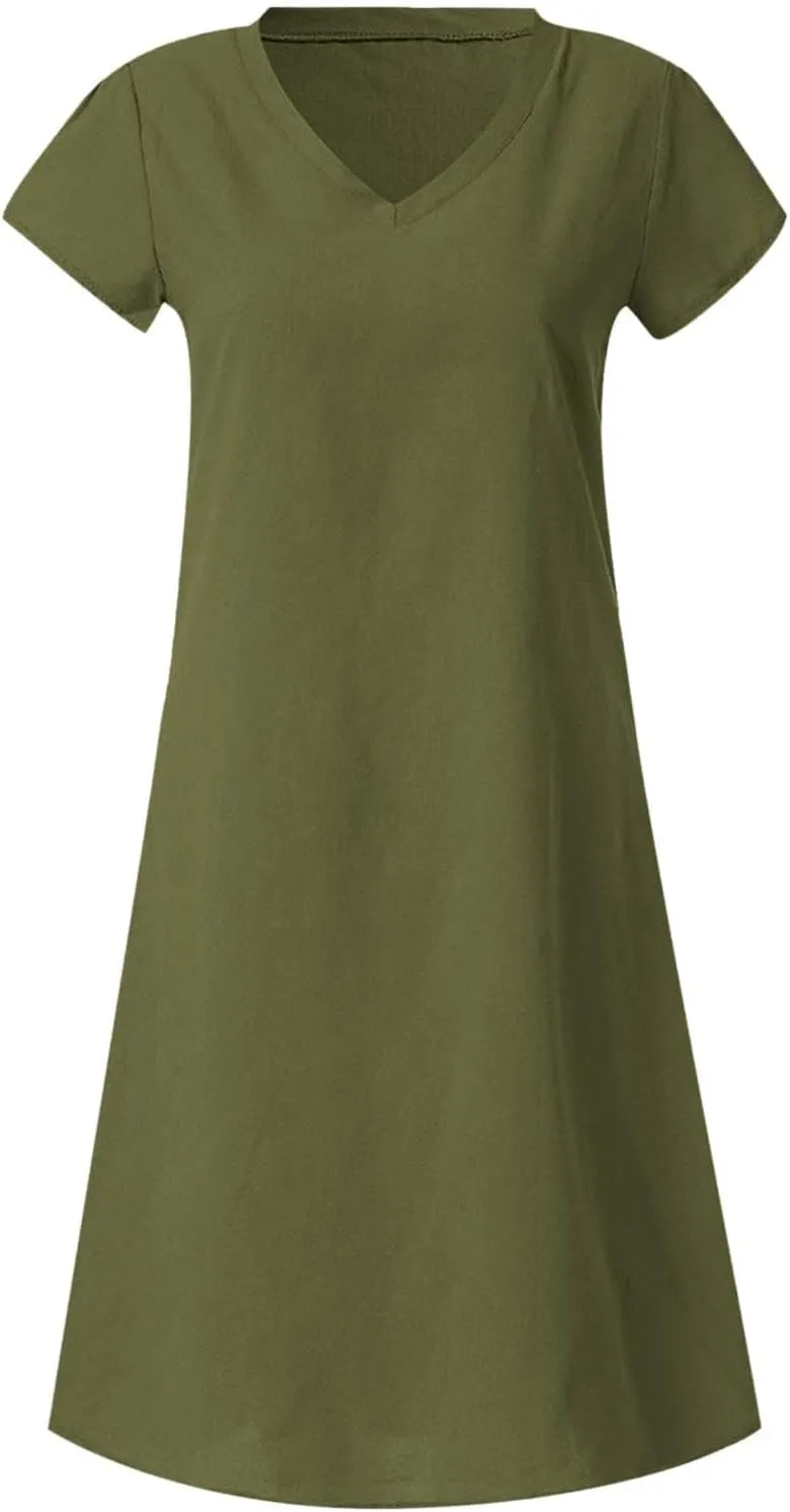 BAXLIMEK Cotton Linen Dresses for Women 2025,Summer Casual Loose V Neck Short Sleeve Midi Dress Comfy Beach Vacation Dress
