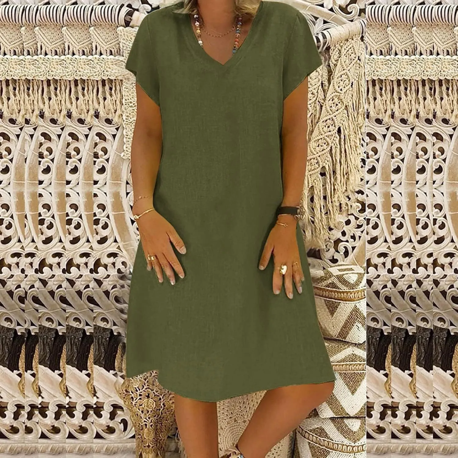 BAXLIMEK Cotton Linen Dresses for Women 2025,Summer Casual Loose V Neck Short Sleeve Midi Dress Comfy Beach Vacation Dress