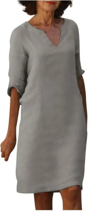 BAXLIMEK Cotton Linen Dresses for Women,2025 Spring Summer Casual V Neck 3/4 Sleeve Midi Dress,Elegant Plain Beach Dress