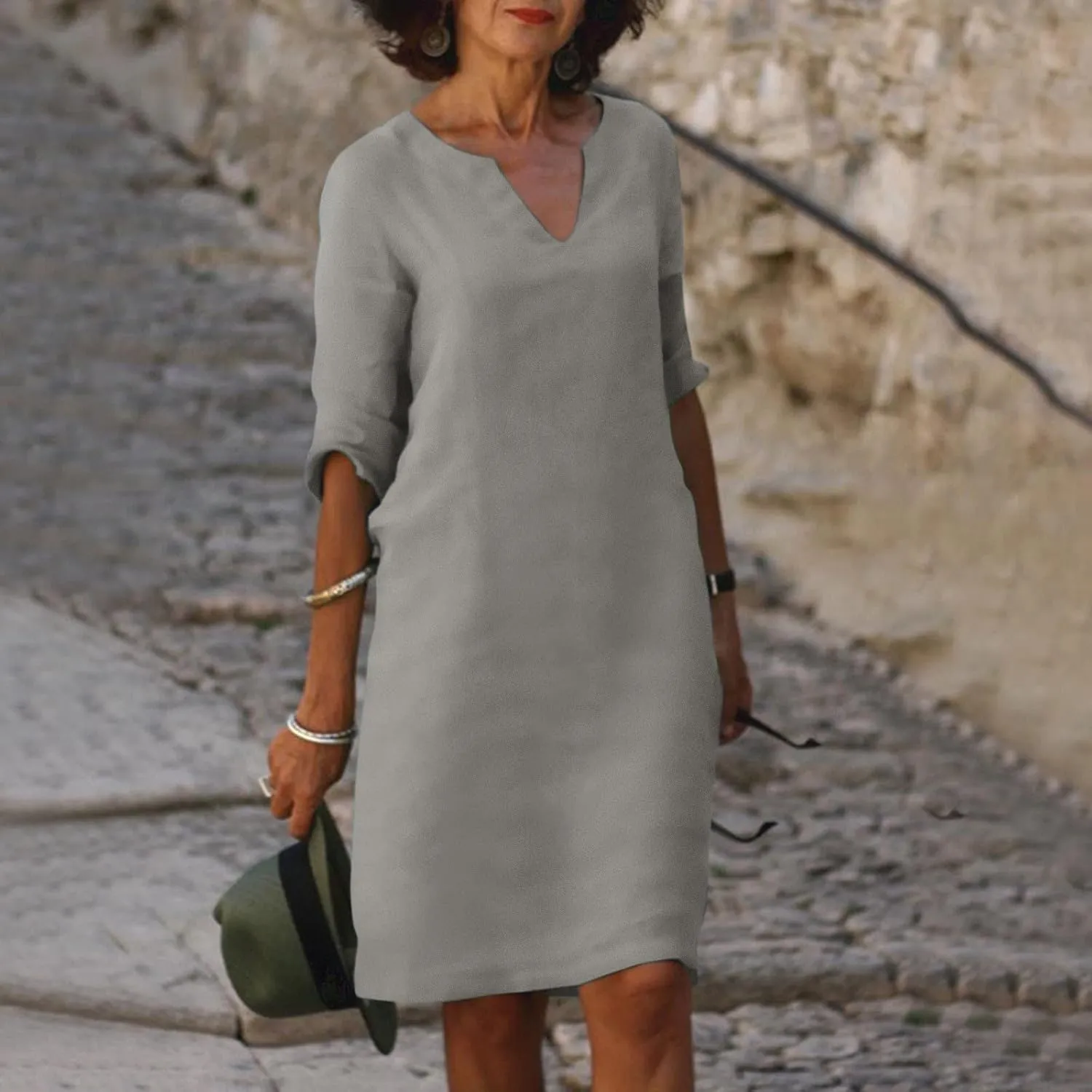 BAXLIMEK Cotton Linen Dresses for Women,2025 Spring Summer Casual V Neck 3/4 Sleeve Midi Dress,Elegant Plain Beach Dress