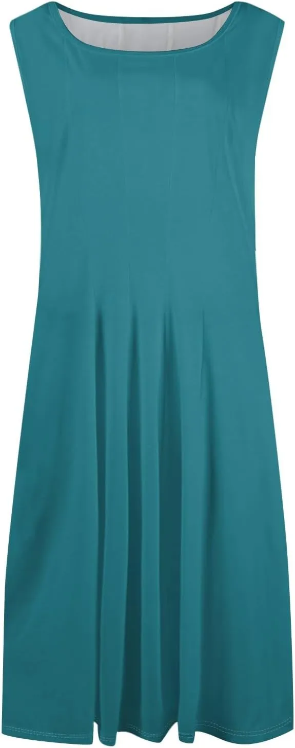 BAXLIMEK Midi Dresses for Women,2025 Spring Summer Casual Crewneck Short/Sleeveless Beach Dress Flowy Ruched A Line Sundress