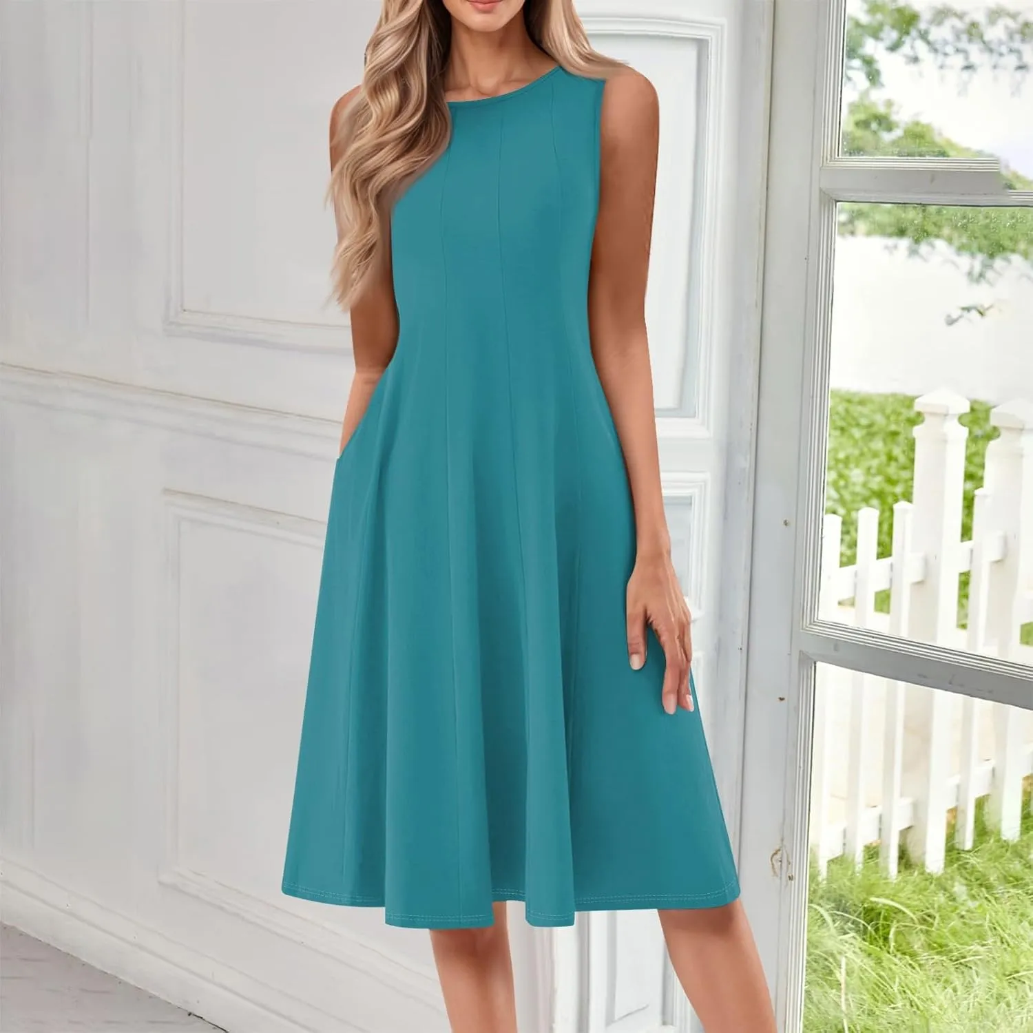 BAXLIMEK Midi Dresses for Women,2025 Spring Summer Casual Crewneck Short/Sleeveless Beach Dress Flowy Ruched A Line Sundress