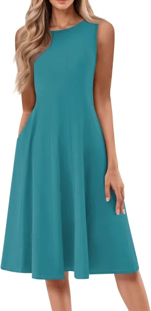 BAXLIMEK Midi Dresses for Women,2025 Spring Summer Casual Crewneck Short/Sleeveless Beach Dress Flowy Ruched A Line Sundress