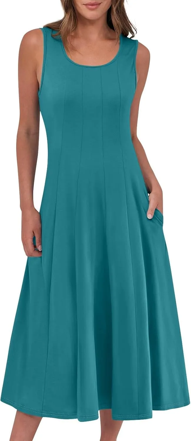 BAXLIMEK Midi Dresses for Women,2025 Spring Summer Casual Crewneck Short/Sleeveless Beach Dress Flowy Ruched A Line Sundress