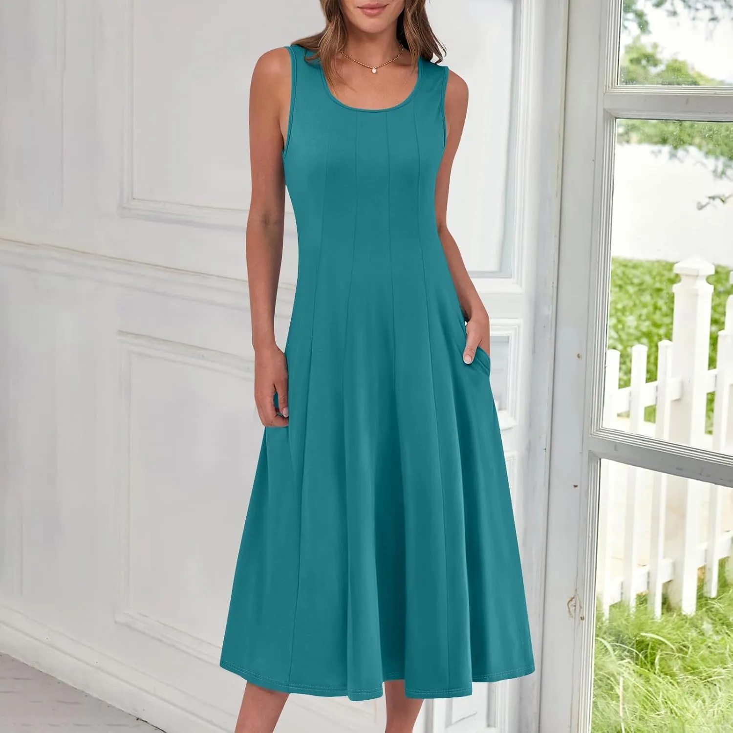 BAXLIMEK Midi Dresses for Women,2025 Spring Summer Casual Crewneck Short/Sleeveless Beach Dress Flowy Ruched A Line Sundress