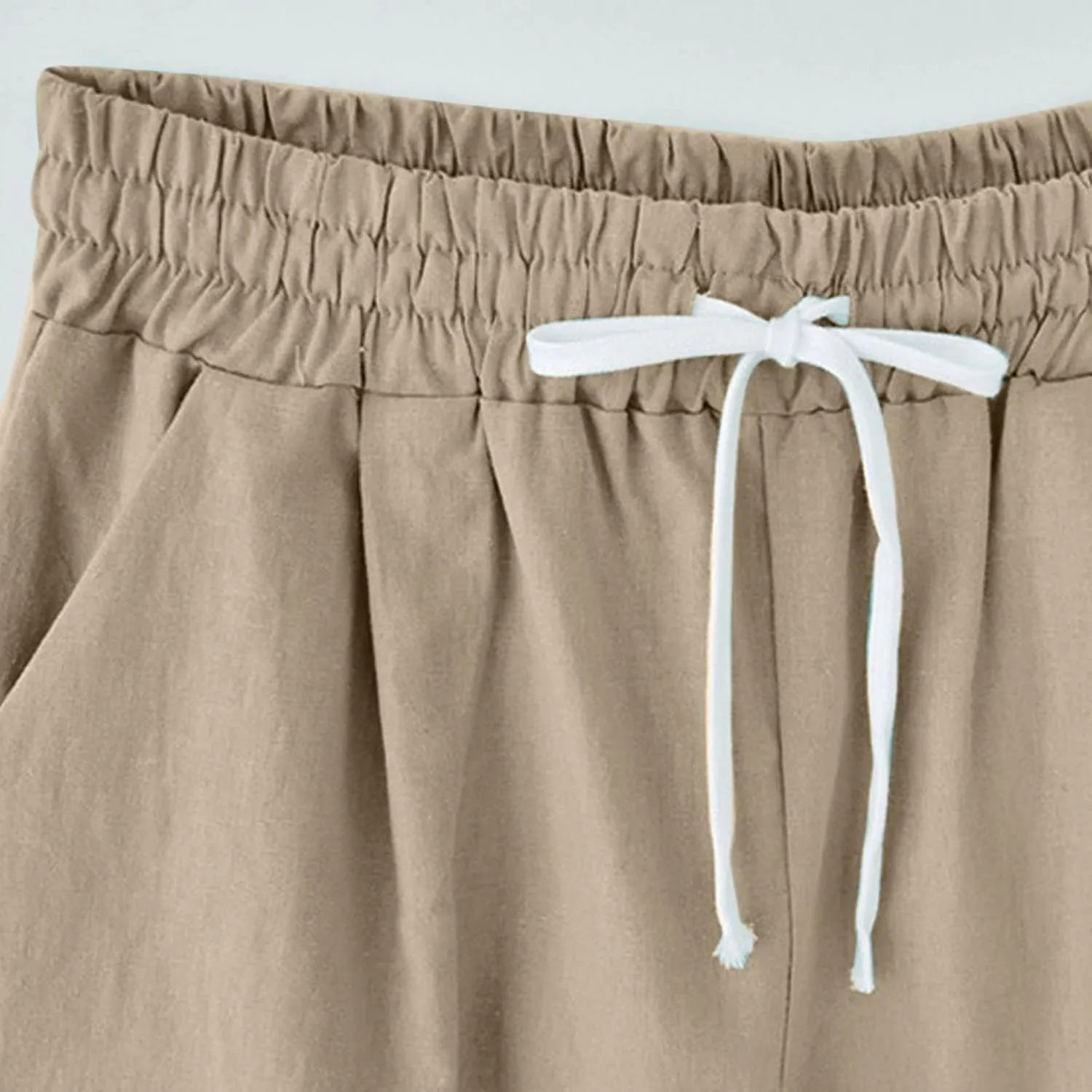 Bermuda Shorts for Women Knee Length Cotton Linen Elastic Waist Drawstring Shorts Summer Capris Pants with Pockets