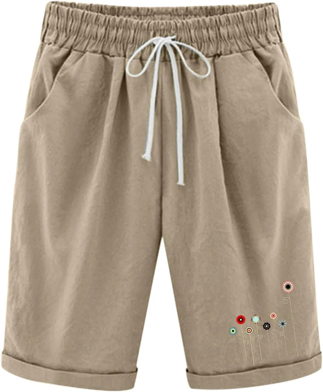 Bermuda Shorts for Women Knee Length Cotton Linen Elastic Waist Drawstring Shorts Summer Capris Pants with Pockets