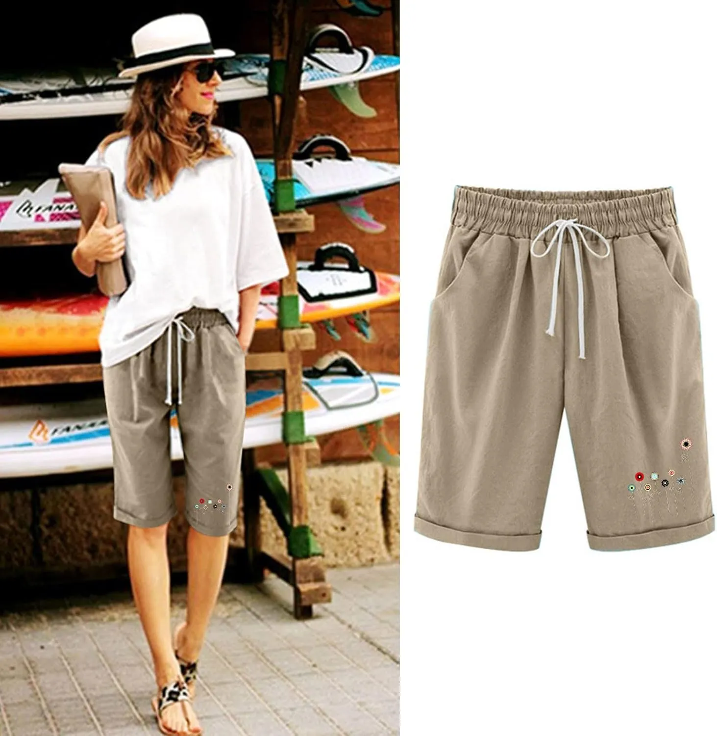 Bermuda Shorts for Women Knee Length Cotton Linen Elastic Waist Drawstring Shorts Summer Capris Pants with Pockets