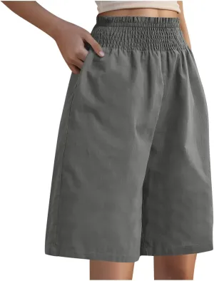 Bermuda Shorts for Women Smocked High Waist Knee Length Linen Short Pants Summer Loose Fit Long Shorts with Pockets