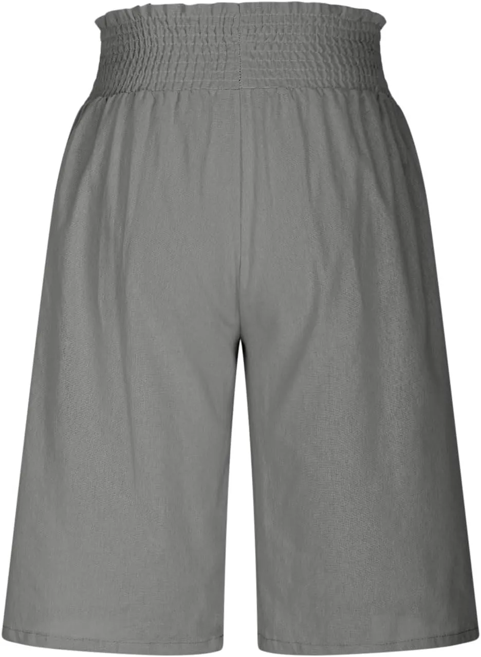 Bermuda Shorts for Women Smocked High Waist Knee Length Linen Short Pants Summer Loose Fit Long Shorts with Pockets