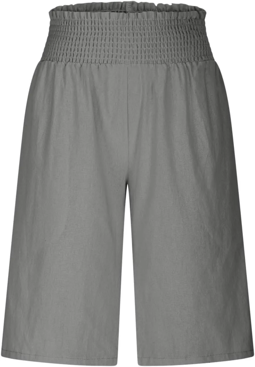Bermuda Shorts for Women Smocked High Waist Knee Length Linen Short Pants Summer Loose Fit Long Shorts with Pockets