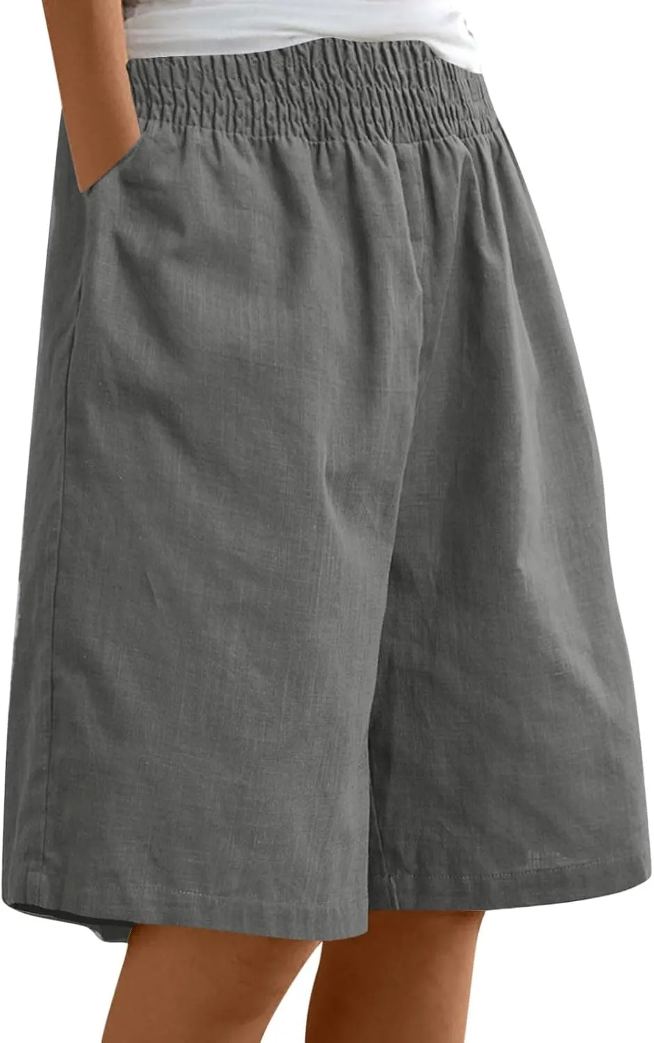 Bermuda Shorts for Women Smocked High Waist Knee Length Linen Short Pants Summer Loose Fit Long Shorts with Pockets