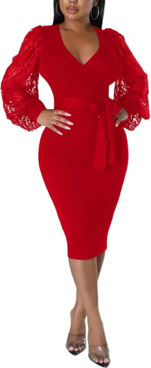 BOGURST Semi Formal Church Dresses for Women Bishop Sleeve Sexy V Neck Bodycon Midi Dresses