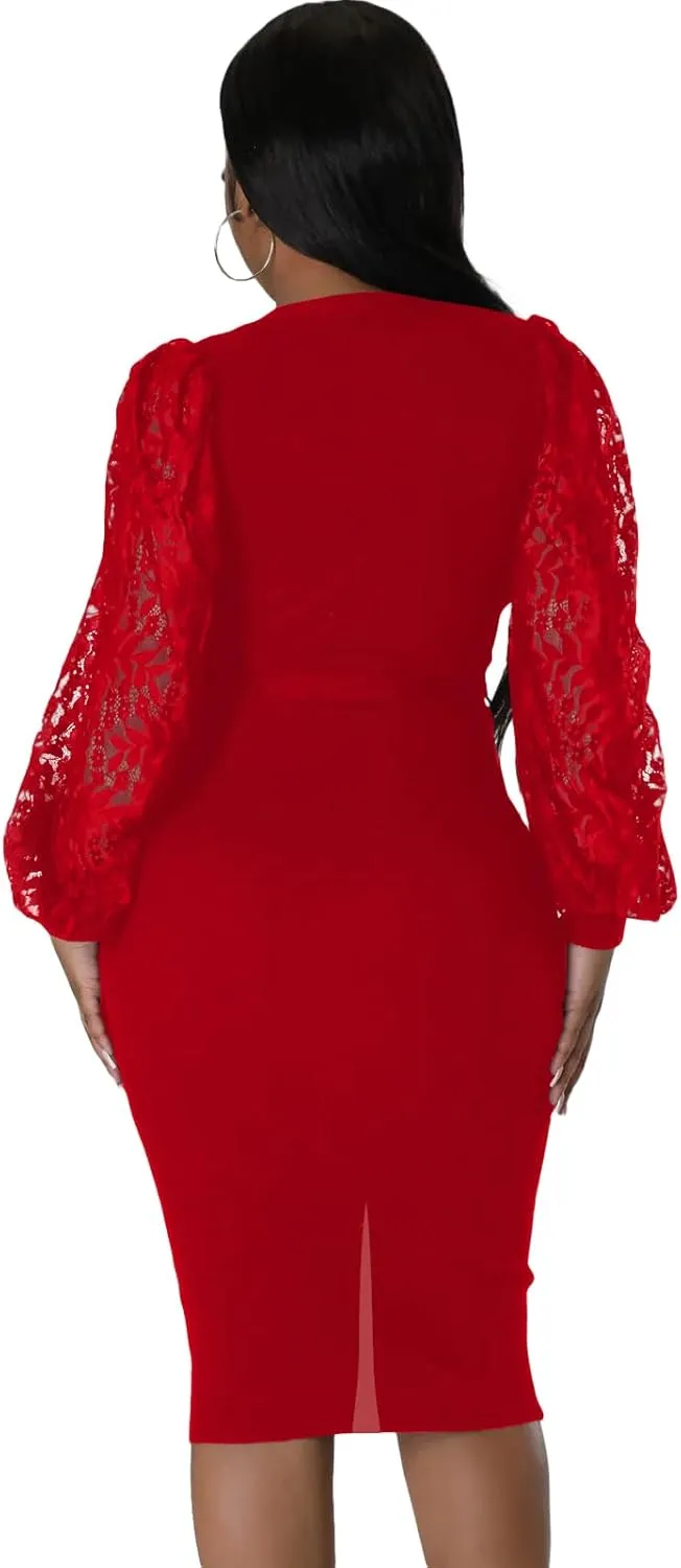 BOGURST Semi Formal Church Dresses for Women Bishop Sleeve Sexy V Neck Bodycon Midi Dresses