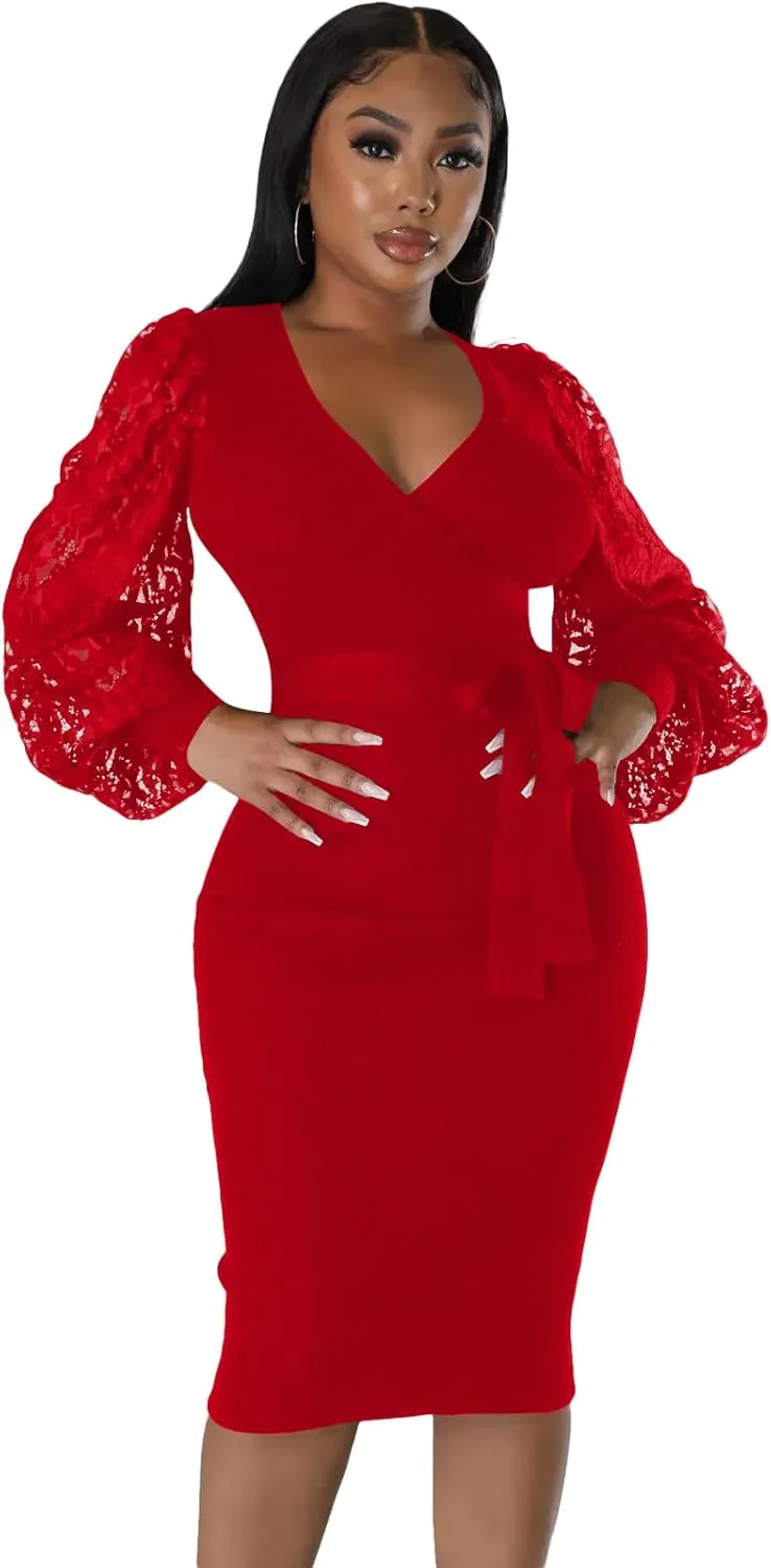 BOGURST Semi Formal Church Dresses for Women Bishop Sleeve Sexy V Neck Bodycon Midi Dresses