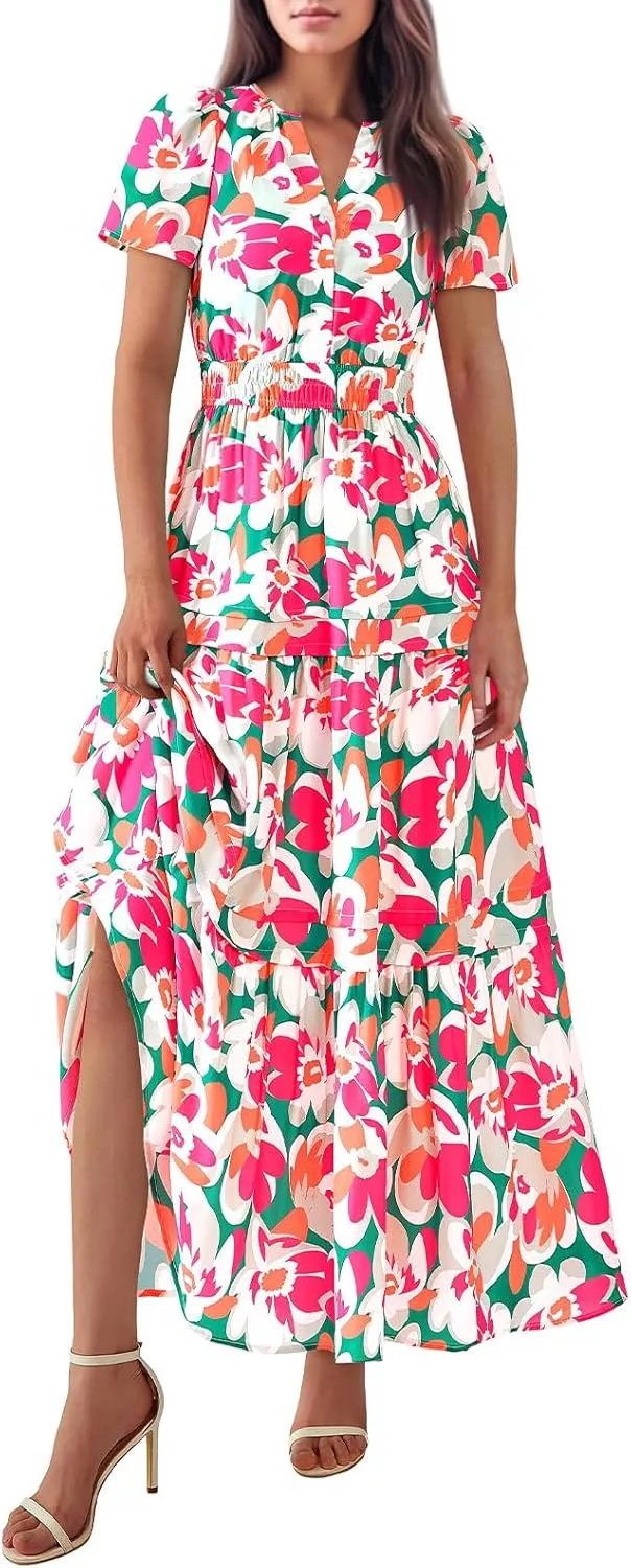 Boho Dresses for Women,2025 Summer Trendy Floral Beach Vacation Dress,Elegant V Neck Cap Sleeve Flowy Midi Dress