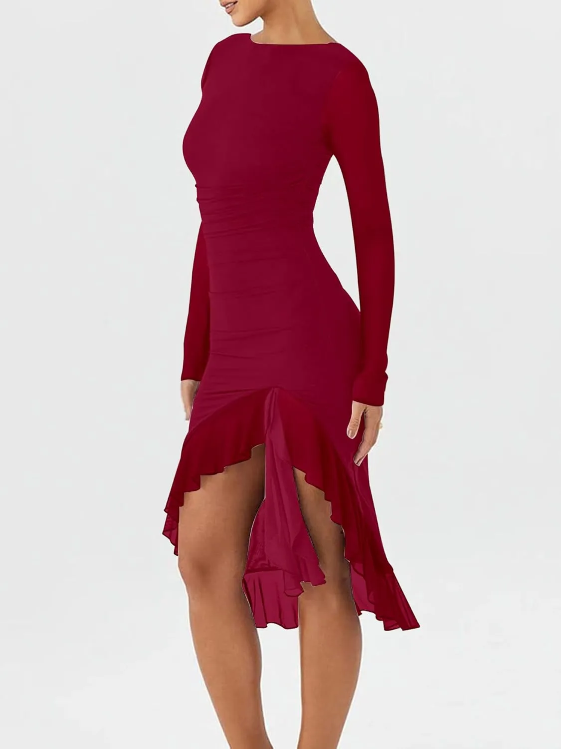 BORIFLORS Women's Sexy Ruched Bodycon Midi Dresses Elegant Mesh Long Sleeve Ruffle Hem Cocktail Party Dress