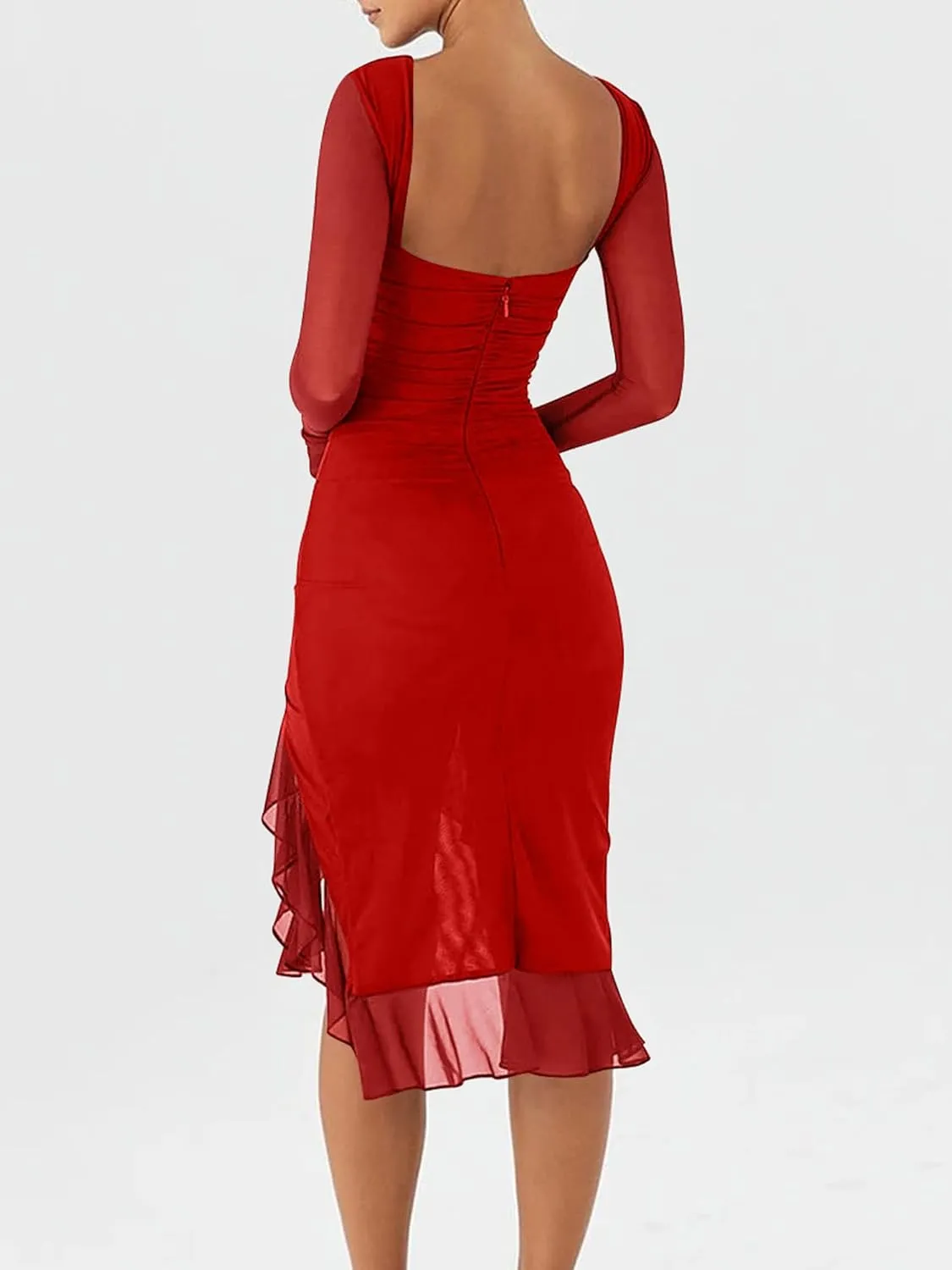 BORIFLORS Women's Sexy Ruched Bodycon Midi Dresses Elegant Mesh Long Sleeve Ruffle Hem Cocktail Party Dress