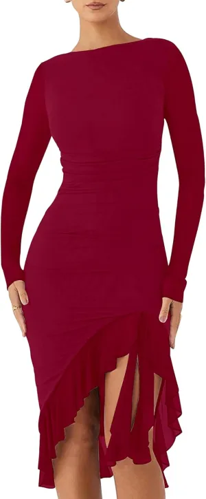 BORIFLORS Women's Sexy Ruched Bodycon Midi Dresses Elegant Mesh Long Sleeve Ruffle Hem Cocktail Party Dress