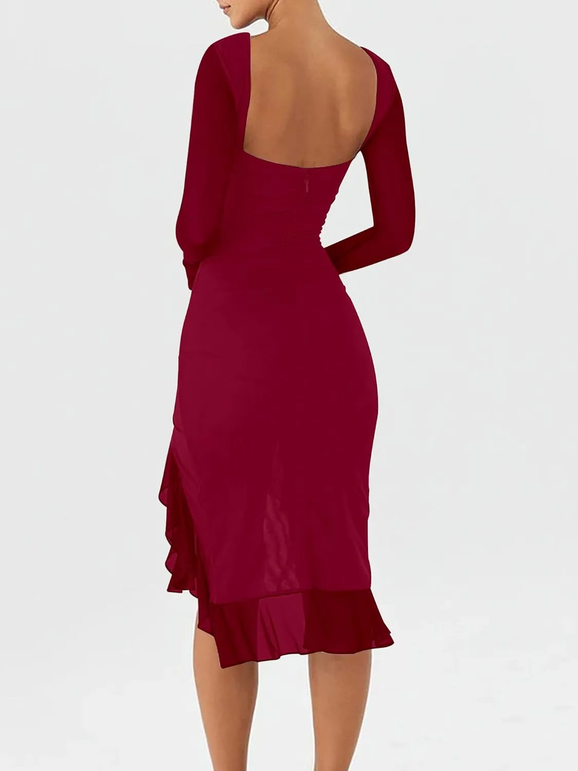 BORIFLORS Women's Sexy Ruched Bodycon Midi Dresses Elegant Mesh Long Sleeve Ruffle Hem Cocktail Party Dress