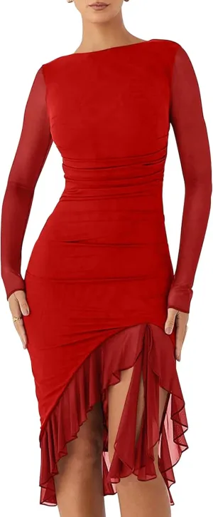 BORIFLORS Women's Sexy Ruched Bodycon Midi Dresses Elegant Mesh Long Sleeve Ruffle Hem Cocktail Party Dress