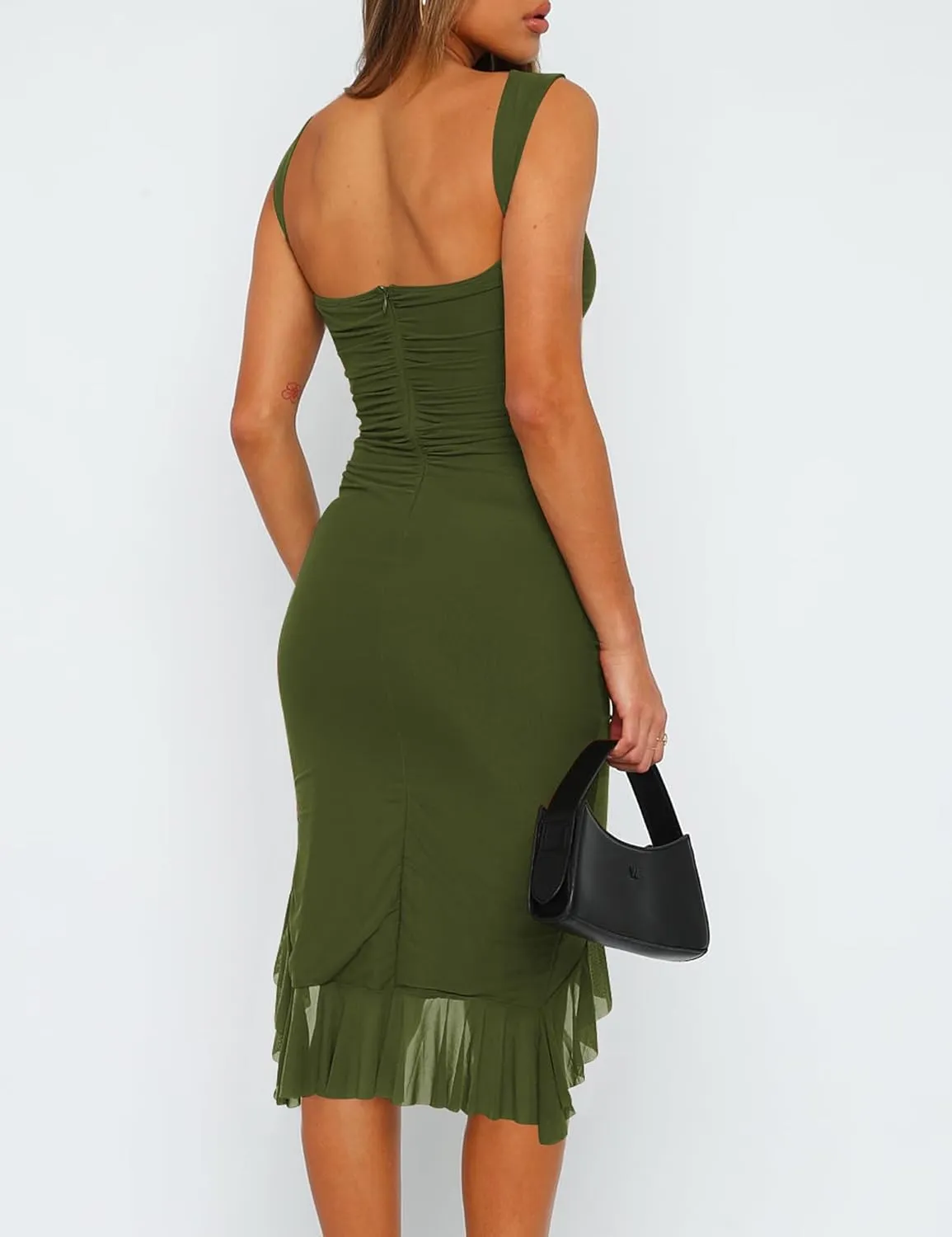 BORIFLORS Women's Sexy Ruched Bodycon Midi Dresses Elegant Sleeveless Backless Ruffle Hem Cocktail Party Tank Dress