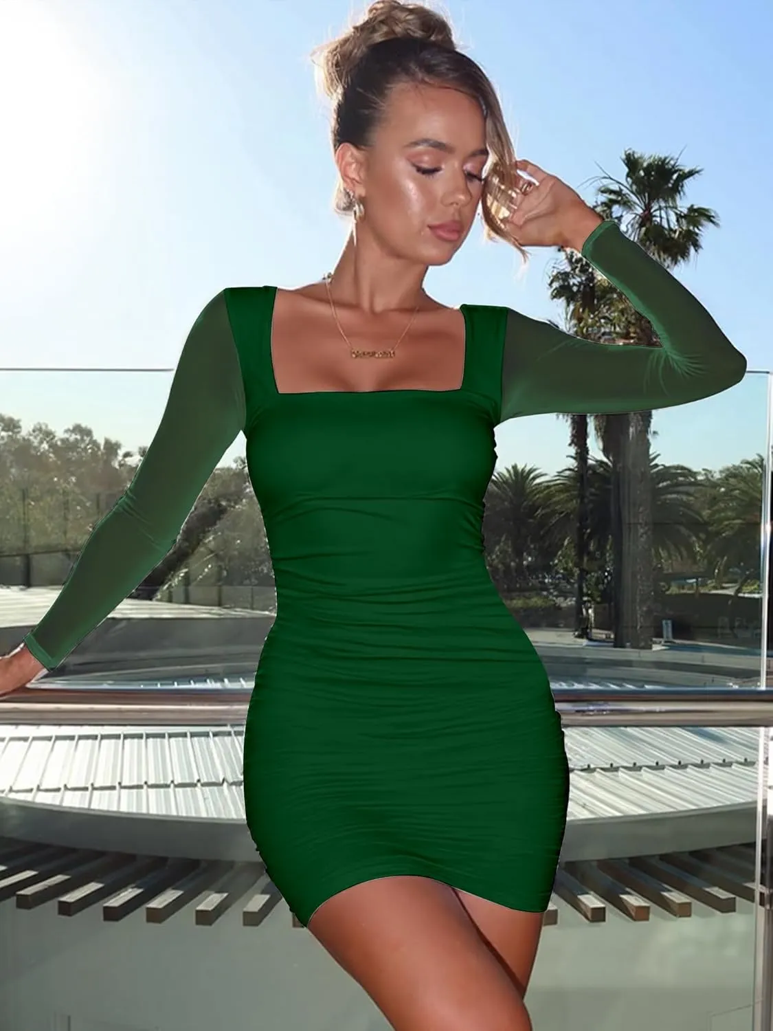 BORIFLORS Women's Sexy Ruched Bodycon Mini Dress Mesh Long Sleeve Club Party Short Dresses