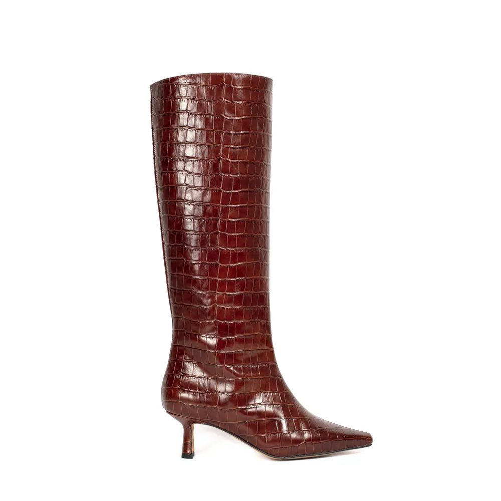 BOTA PEPA PIEL EFECTO COCO MARRÓN TACÓN MIDI 5CM