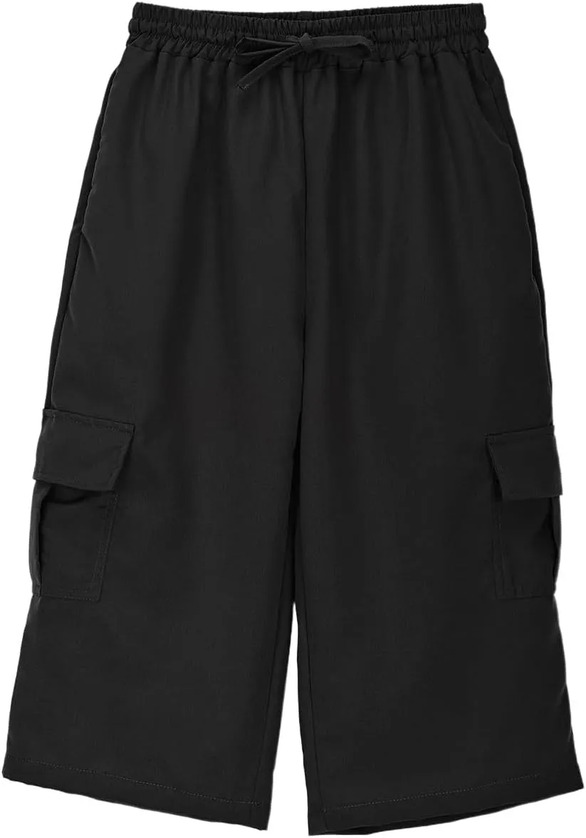 Boys Baggy Cargo Pants Straight Wide Leg Trousers High Elastic Waist Cargo Solid Color Casual Sport Joggers Clothes