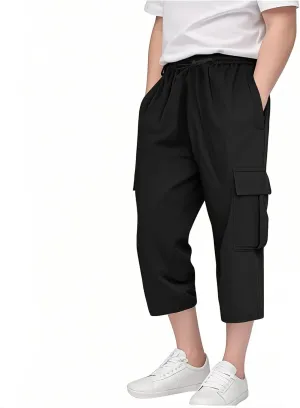 Boys Baggy Cargo Pants Straight Wide Leg Trousers High Elastic Waist Cargo Solid Color Casual Sport Joggers Clothes