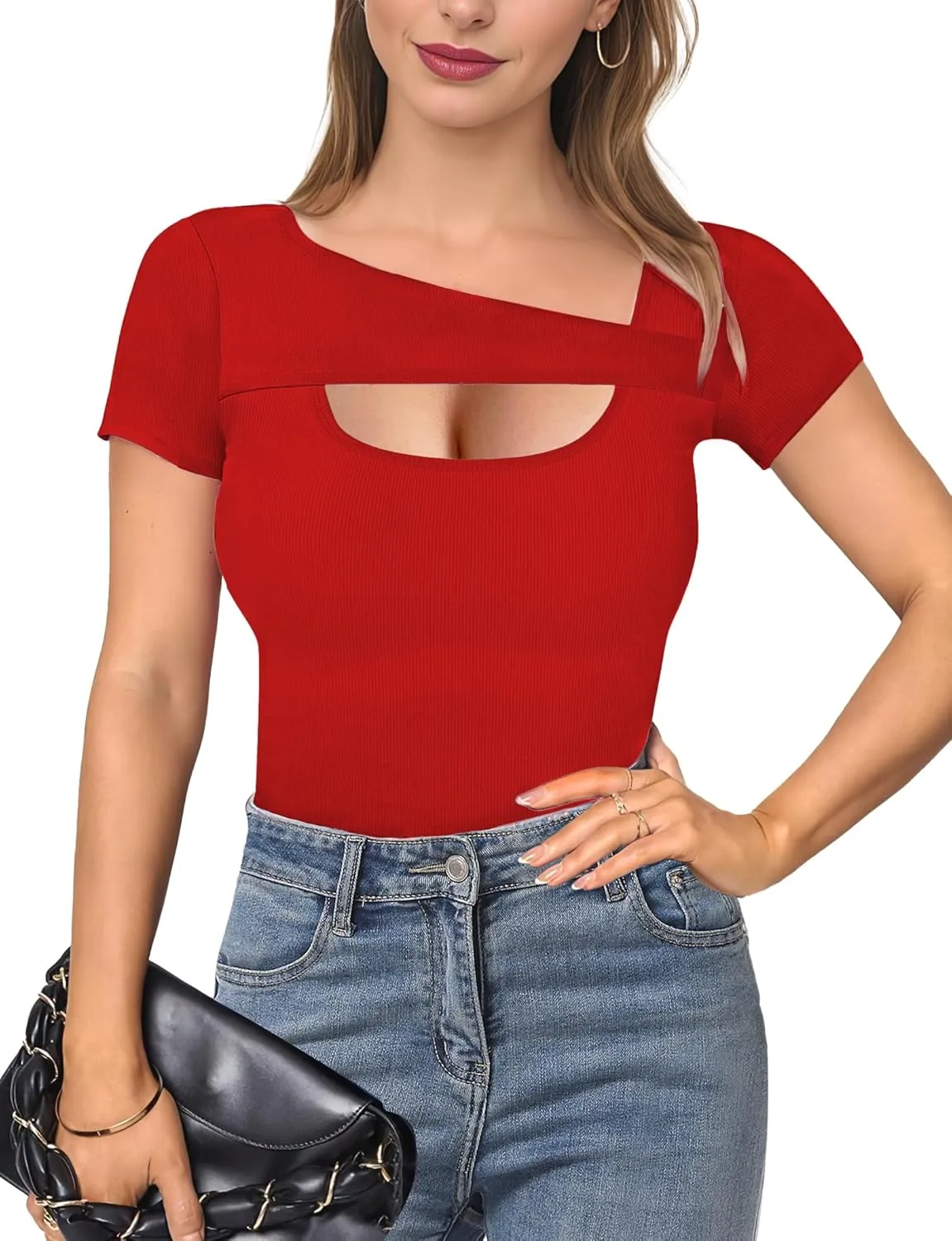 Buauty Womens Cutout Tshirts One Piece Summer Tops Ribbed Slim tees Short Sleeve Fitted Shirt Sexy Fashion Basic Clothes 2025
