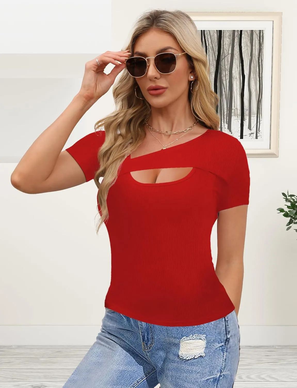 Buauty Womens Cutout Tshirts One Piece Summer Tops Ribbed Slim tees Short Sleeve Fitted Shirt Sexy Fashion Basic Clothes 2025