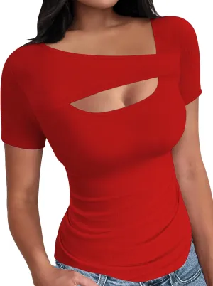 Buauty Womens Cutout Tshirts One Piece Summer Tops Ribbed Slim tees Short Sleeve Fitted Shirt Sexy Fashion Basic Clothes 2025