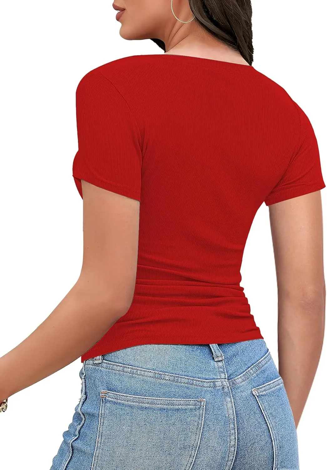 Buauty Womens Cutout Tshirts One Piece Summer Tops Ribbed Slim tees Short Sleeve Fitted Shirt Sexy Fashion Basic Clothes 2025