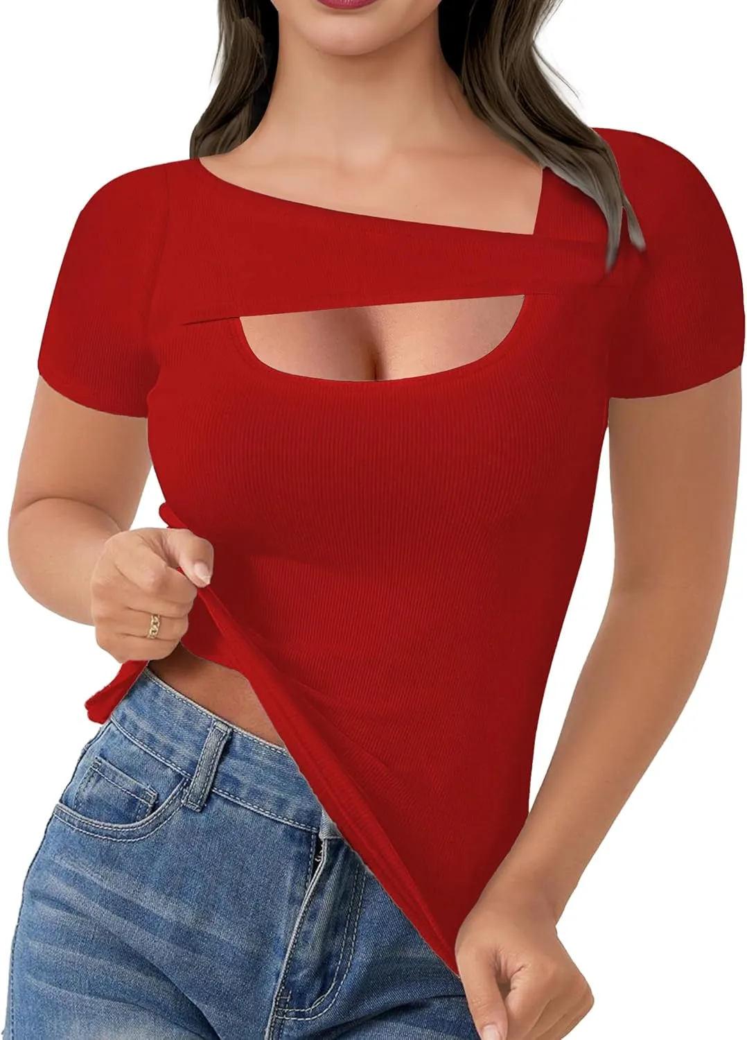 Buauty Womens Cutout Tshirts One Piece Summer Tops Ribbed Slim tees Short Sleeve Fitted Shirt Sexy Fashion Basic Clothes 2025
